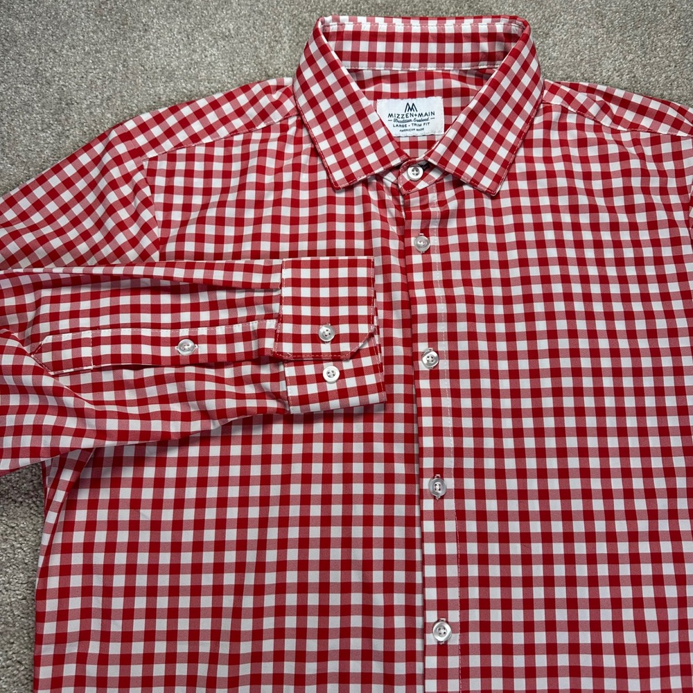 Mizzen+Main Men Red White Gingham Trim Fit Button Down Shirt American Made Large